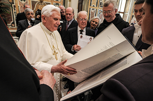 On April 4, 2008, His Holiness Pope Benedict XVI was presented with the Heritage Edition, Prophets Edition of The Saint John’s Bible and states, “This is a work of art, a great work of art…a work for eternity.”