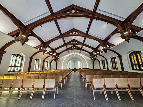 Interior of the newly reconstructed Vorhees Chapel at University of Jamestown.