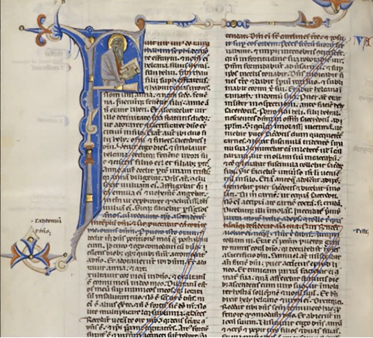 Decorated Canceled Page in the Abbey Bible, Italian (probably Bologna), about 1250-62. Tempera and gold leaf on parchment, 10 9/16 x 7 ¾ in. The J. Paul Getty Museum, Ms. 107, fol. 86v.