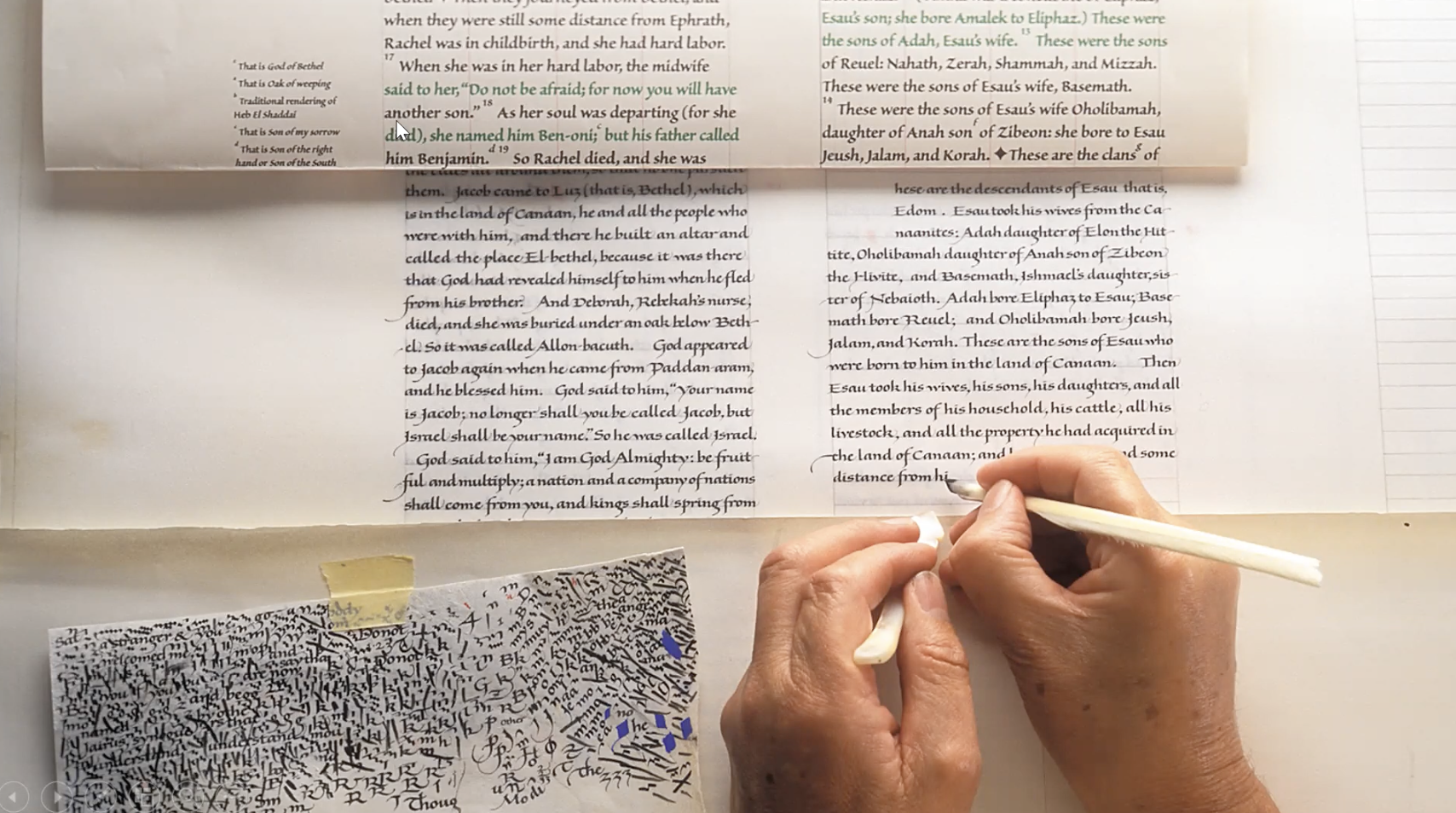 A scribe uses a computer-rendered layout (shown at the top of the photo) to ensure accuracy in The Saint John’s Bible. 