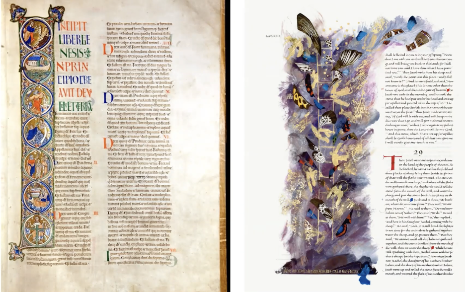An illumination from the Winchester Bible (left) beside an illumination from The Saint John’s Bible (right).